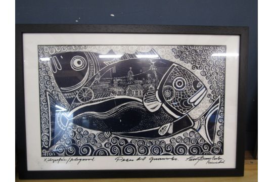 Linocut style picture of 2 fish in ink