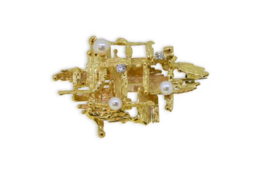 A Late 20th Century Pearl And Diamond Abstract Brooch