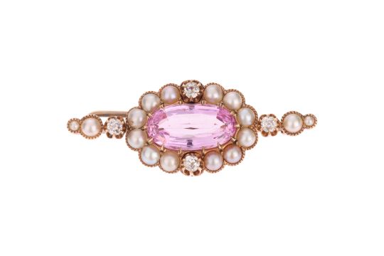 A 19th century pink topaz pearl and diamond brooch