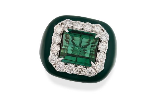 Oscar Friedman, A Green Tourmaline, Diamond Ring Set