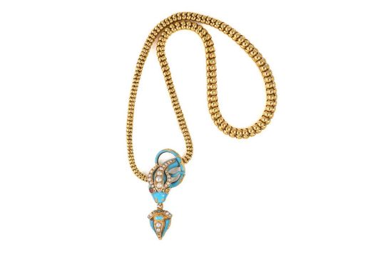 A Victorian enamel, pearl and ruby serpent necklace
