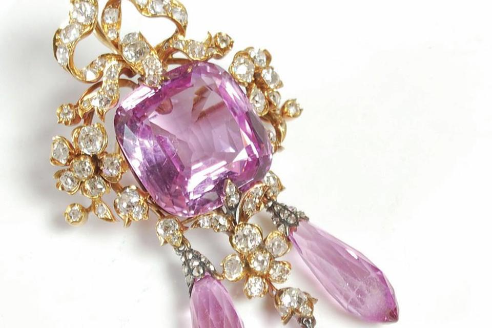 Pink topaz and diamond girandole brooch