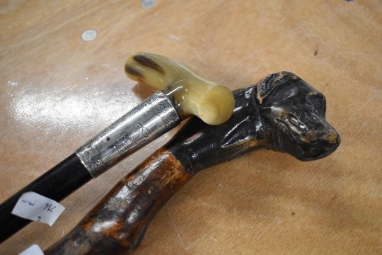 Two walking sticks an ebonised walking cane