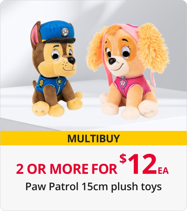 2 or more for $12ea selected Paw Patrol plush toys 