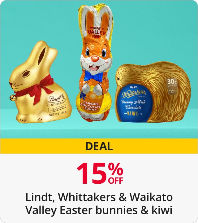 15% Off Lindt, Whittakers & Waikato Valley Easter Bunnies & Kiwi 