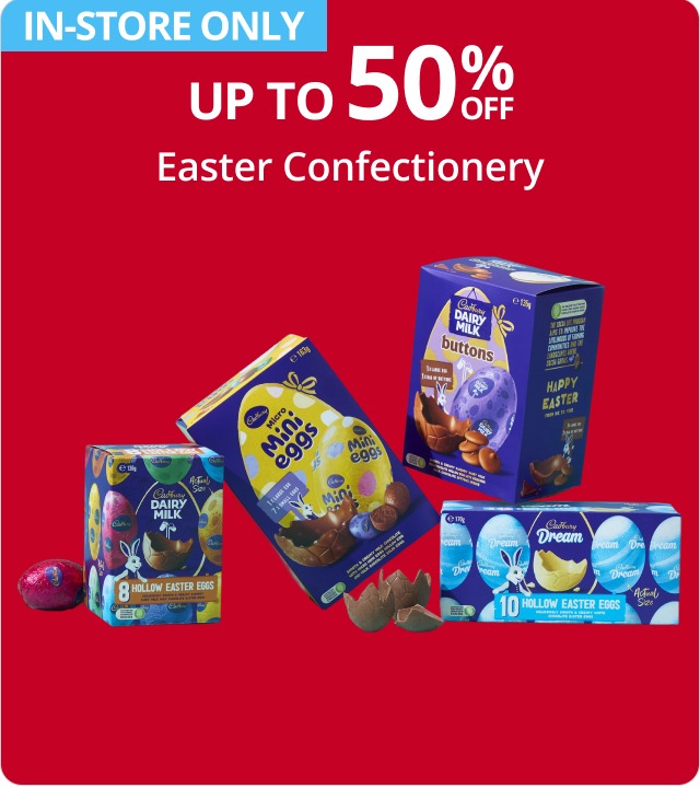 Up to 50% off easter confectionery in store only 