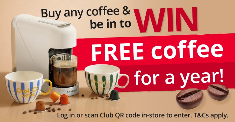 Buy any coffee and be in to win free coffee for a year 