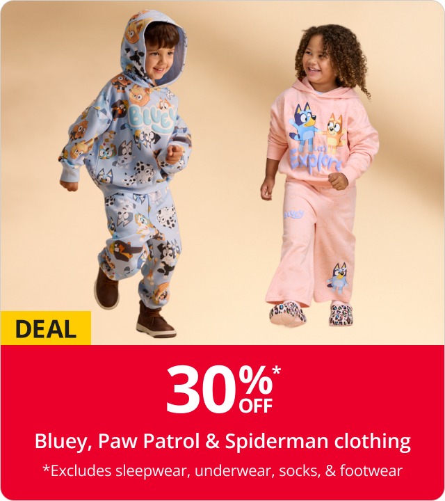 30% Off Bluey, Paw Patrol & Spiderman Clothing 
