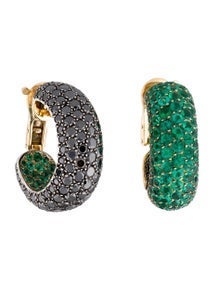 18K Emerald & Diamond Hoop Earrings