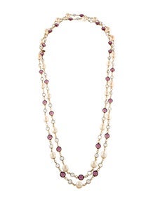 Vintage Faux-Pearl & Crystal Chicklet Long Necklace