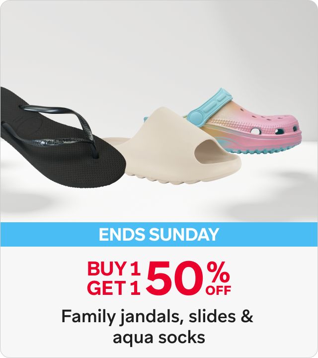 Buy 1 get 1 50% off Family Jandals, slides and aqua socks 