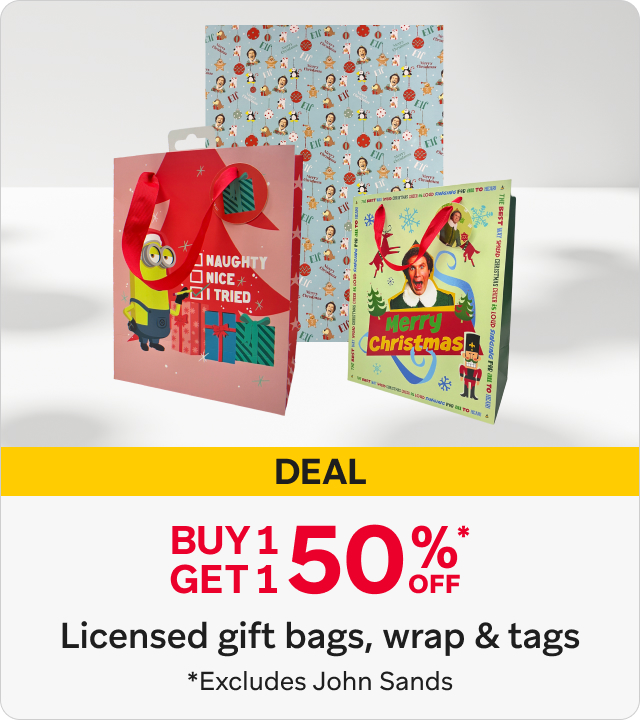 Buy 1 get 1 50% off Licensed gift bags, wrap & tags