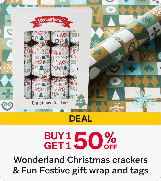 Buy 1 get 1 50% Off Wonderland Christmas Crackers & Fun Fest gift wrap and tags 