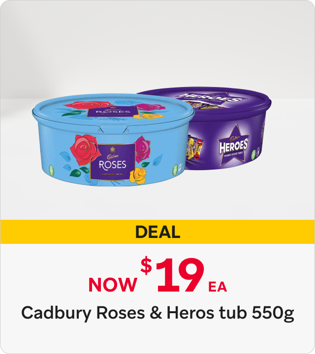 Cadbury Roses and Heros tubs now $19 each