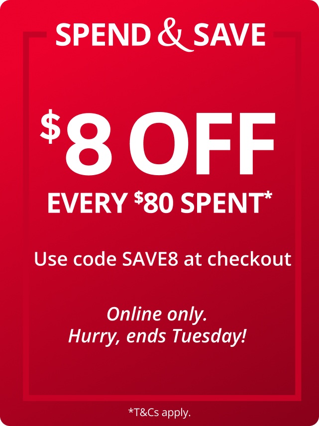 $8 off $80 Online Only - T&C's Apply 