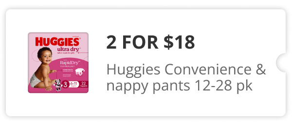 2 for $18 Huggies convenience nappies 