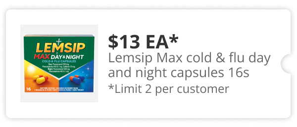 $13 EA Lemsip Max cold & flu day and night capsules 16s