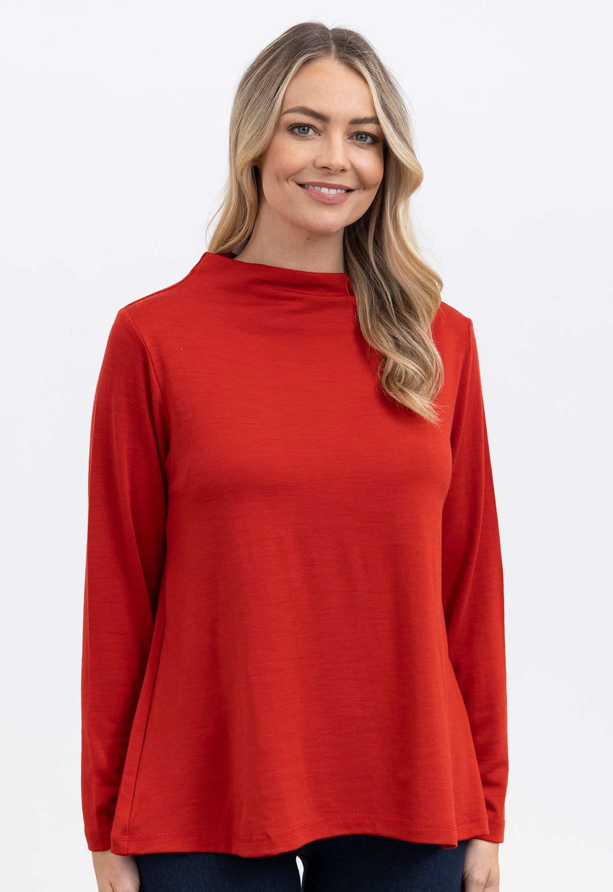 Merino Funnel Neck Swing Top Burnt Red
