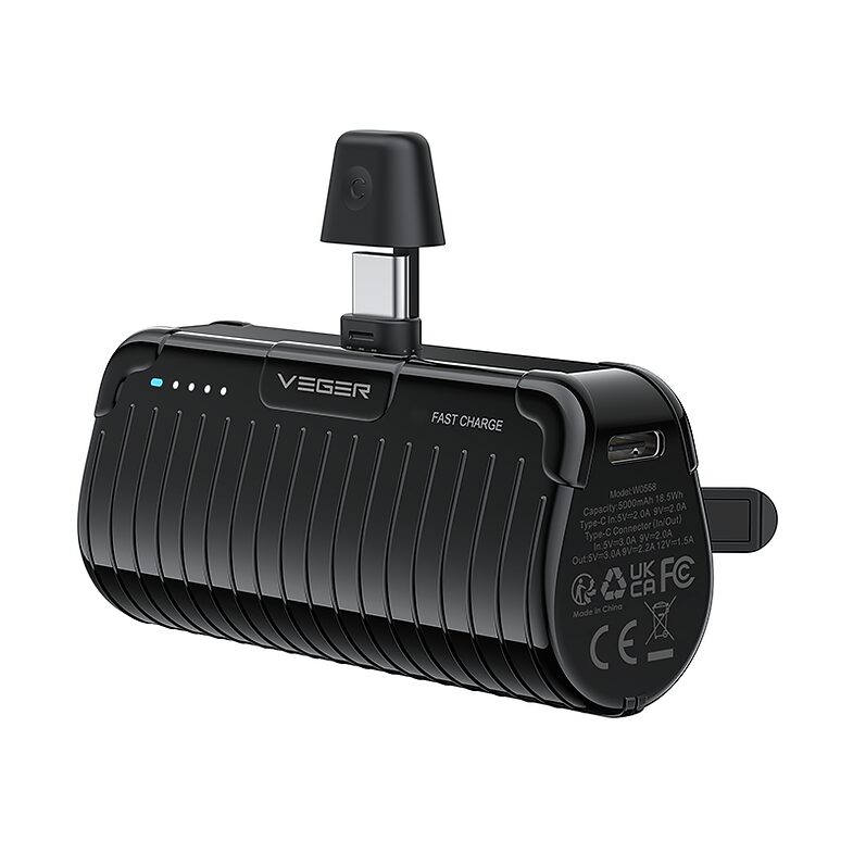 Image of Mini Power Bank 5000mAh με Ενσωματωμένο Βύσμα Type-C | VEGER W0558 20W Fast Charging