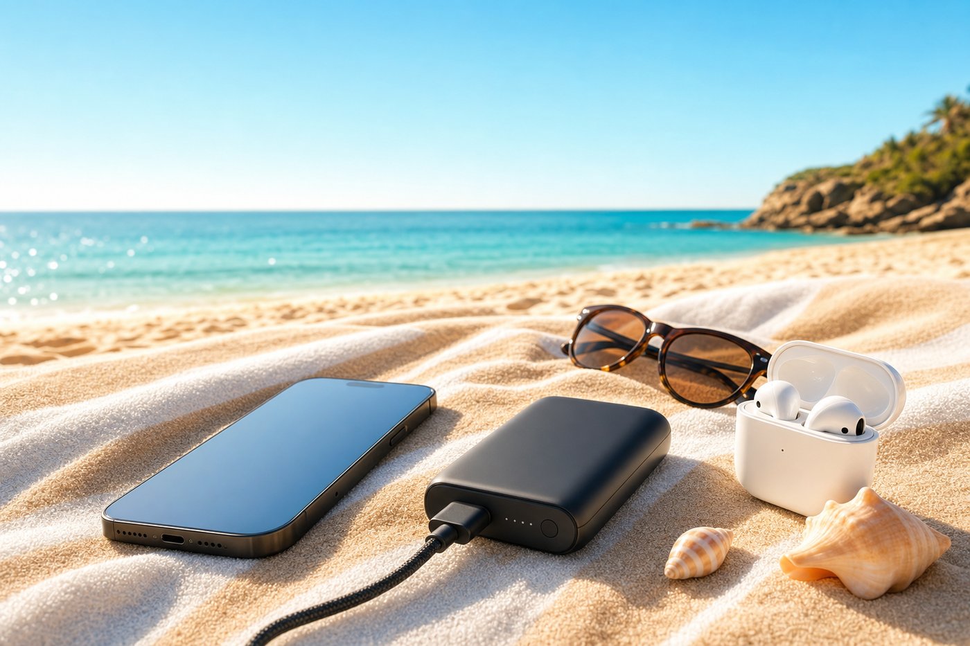 Power bank, ασύρματα ακουστικά και κινητό στην παραλία — έτοιμος για το καλοκαίρι