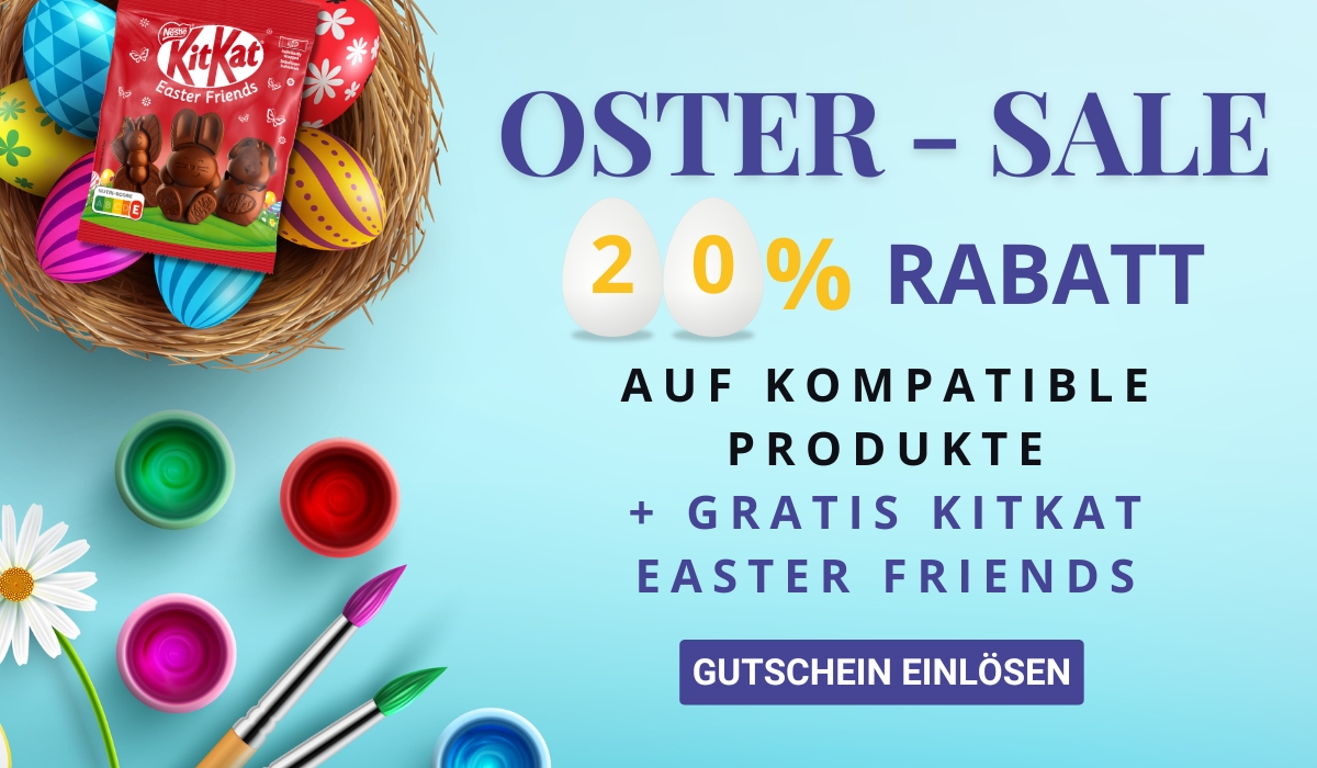 Easter sale banner: 20% off compatible products, free KitKat Easter Friends pack, nest with coloured eggs, paint pots and brushes.