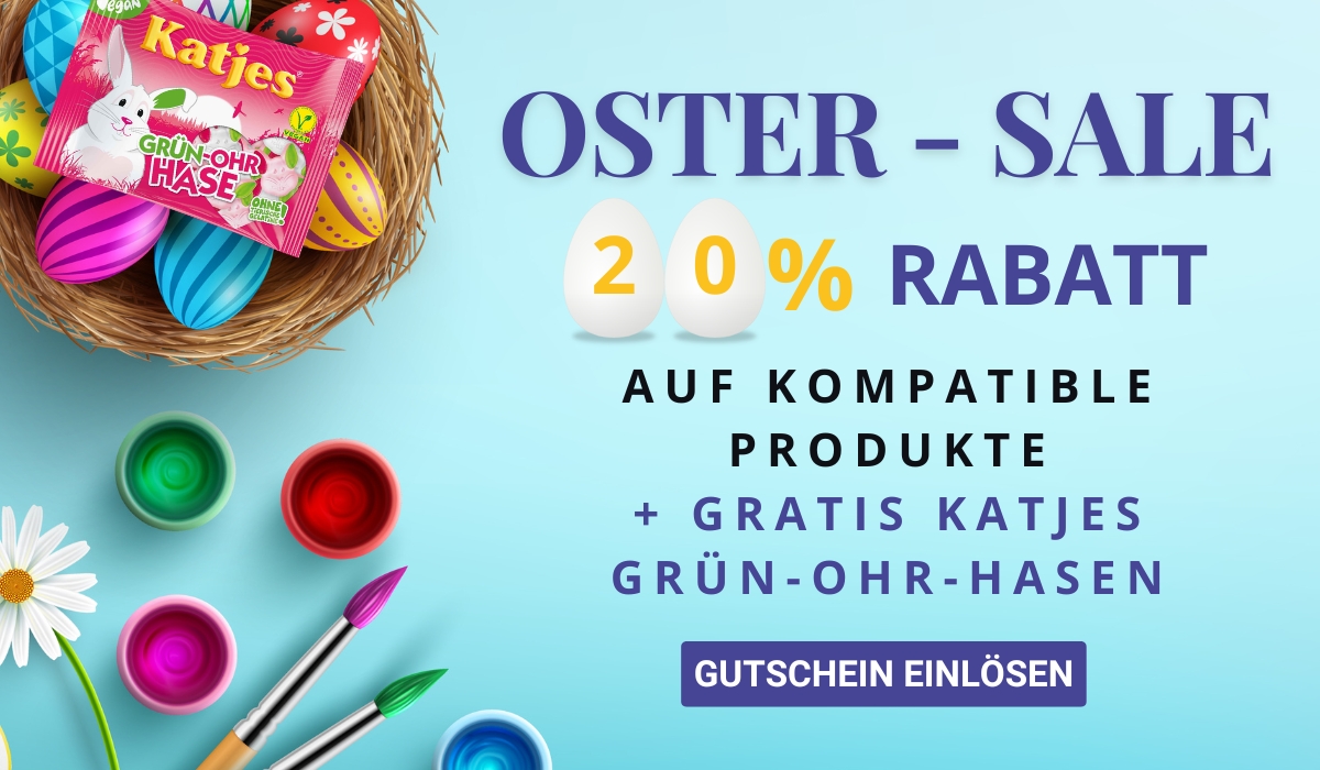 Easter sale banner: basket of colourful eggs and Katjes candy pack with paint pots, 20% off and free Grün-Ohr-Hase