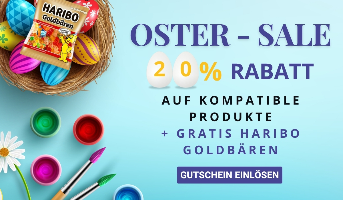 Easter sale banner with basket of colourful eggs and Haribo Goldbären packet, 20% off offer, paint pots, brushes and CTA button