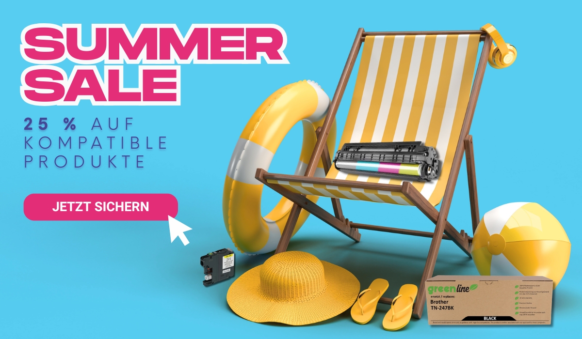 Promotional graphic: Summer Sale banner with deck chair, yellow beach accessories and replacement printer toner cartridges, 25% off