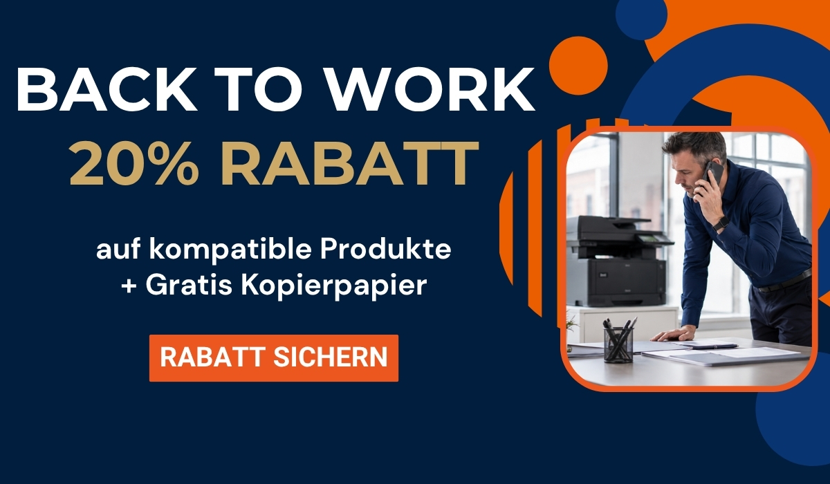 Banner offering 20% discount on compatible products and free copy paper; office worker on phone by desk and printer