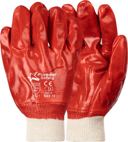 Red PVC Safety Gloves - Knit Wrist - Smooth Palm - Wrist