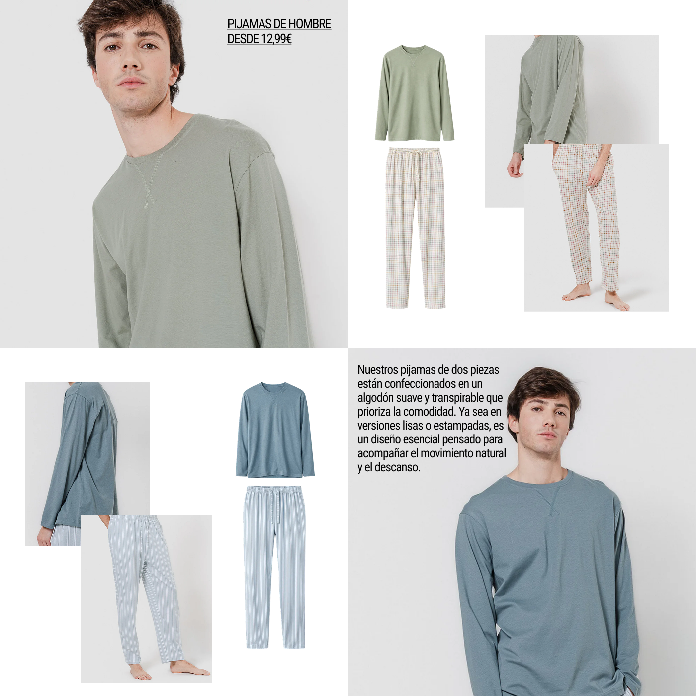Men's two-piece cotton pyjama sets in muted green and blue — long-sleeve top and patterned lounge trousers shown on male models and product shots