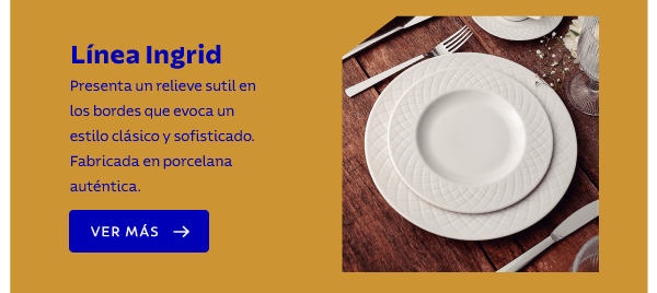 Línea Ingrid Presenta un relieve sutil en los bordes que evoca un estilo clásico y sofisticado. Fabricada en porcelana auténtica.VER MÁS ➔