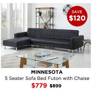 Minnesota 5 Seater Sofa Bed Futon with Chaise - Black at Treasurebox