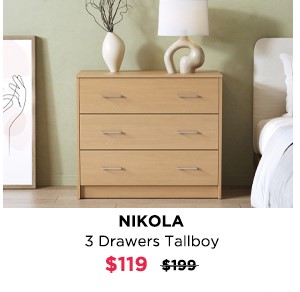 Nikola 3 Drawers Tallboy - Maple at Treasurebox