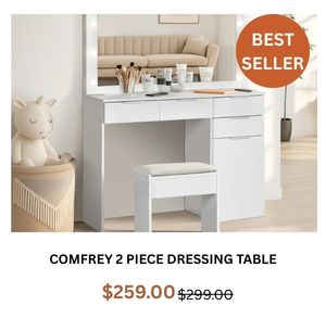 COMFREY 2 Piece Dressing Table with Mirror & Stool Set at Treasurebox