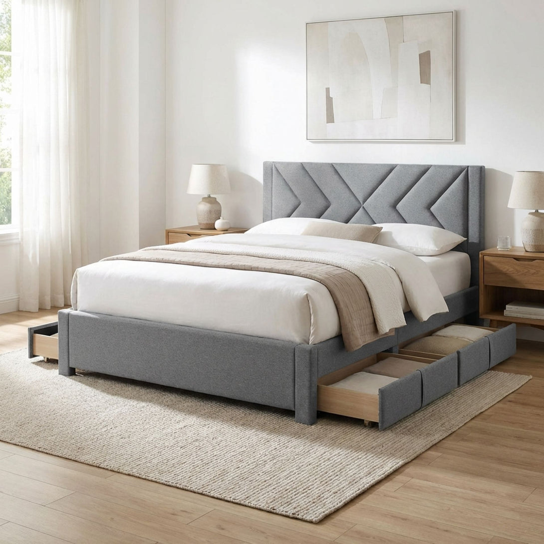 Haydon Queen Fabric Bed Frame with 4 Drawers - Light Grey