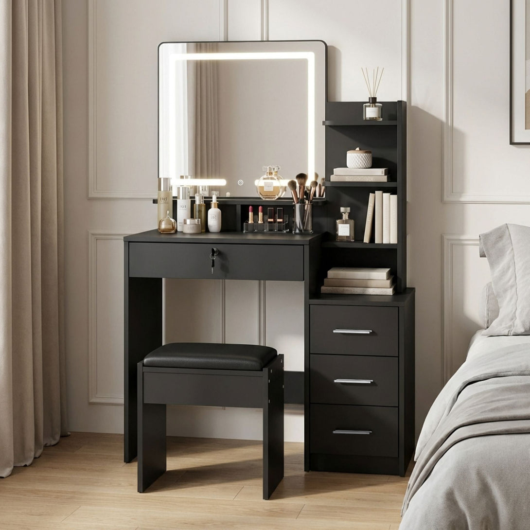 Gardenia 2 Piece Dressing Table with Mirror and Stool Set - Black