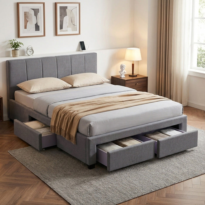 Charlotte Double Bed Frame with 4 Drawers - Light Grey