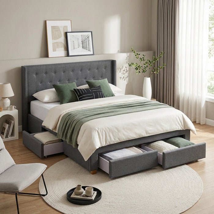 Sereno Queen Bed Frame with 4 Drawers - Dark Grey