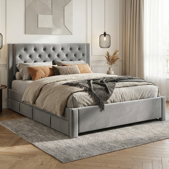 Montana Queen Bed Frame with 4 Drawers - Grey