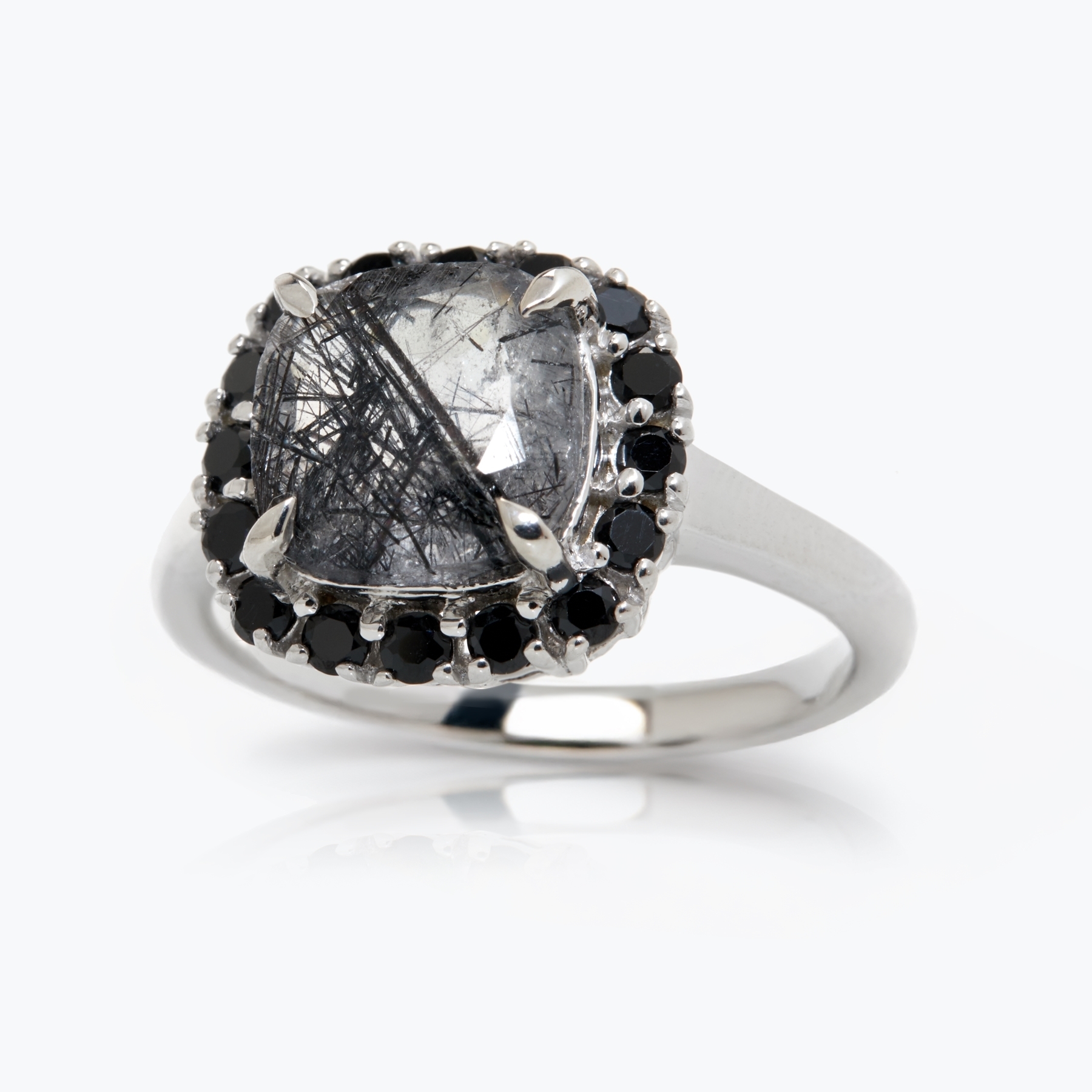3.2ct Black Rutilated Quartz & Black Spinel Cushion Ring Sterling Silver