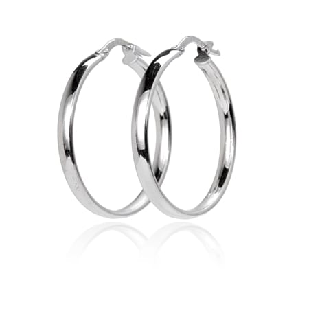 Sterling Silver Italian Rhodium Plated Plain Hoop Earrings
