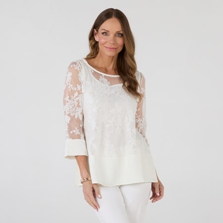 Hailey Lyn  3/4 Sleeve Tunic with Embroidery Mesh & Tank Lining