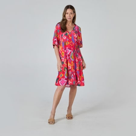 Two-T's 100% Viscose Ikat Print V-Neck Dress