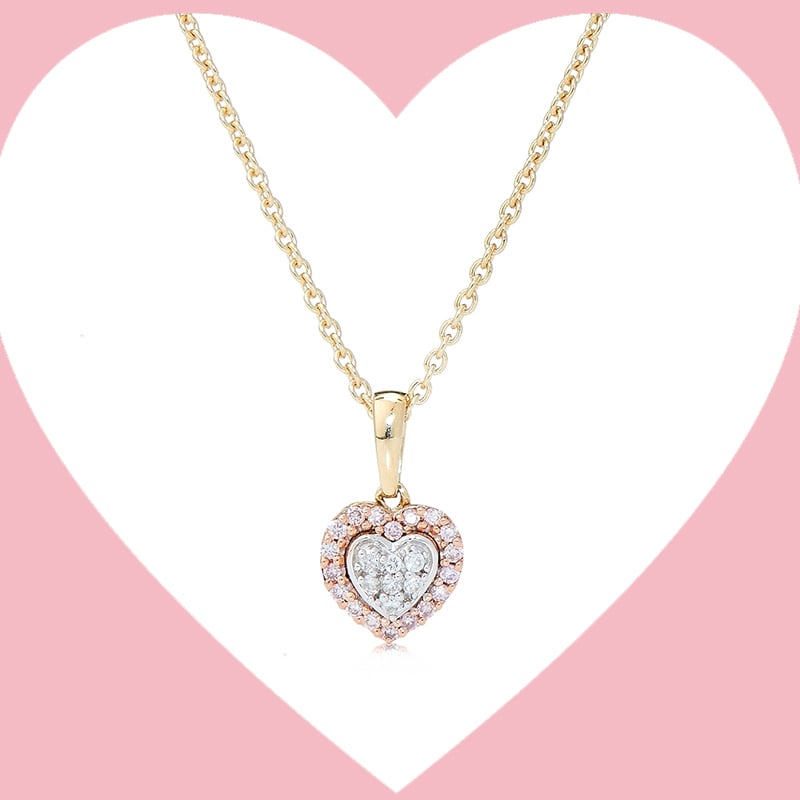 0.10ct Natural Pink & White Diamond Halo Heart Pendant 50cm 9ct Gold