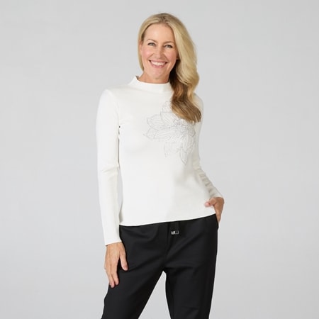 Amanda Charles Mock Neck Sweater with Rhinestone Flower Detail