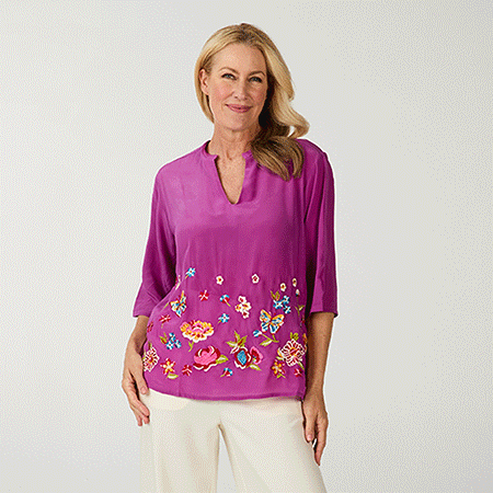 Silk Islands Silk Crepe Mandarin Neck Embroidered Top