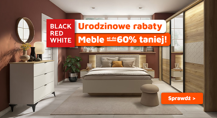 Black Red White bedroom furniture sale banner - modern bedroom with bed, wardrobe and dresser, up to 60% off
