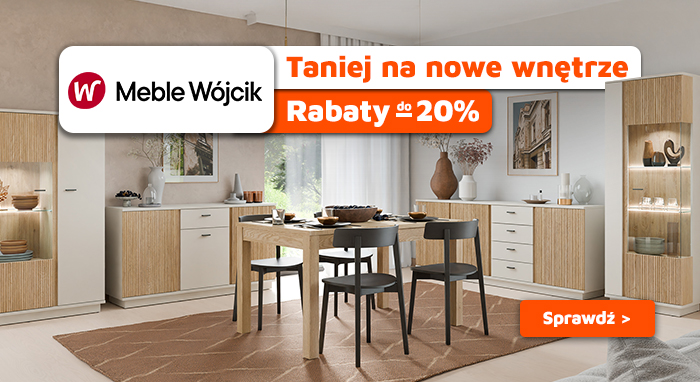 Meble Wójcik modern dining room with wooden table, four chairs and cabinets — sale up to 20% off