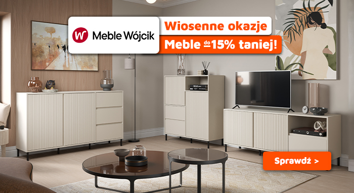 Modern beige living room with cream sideboards, TV and coffee tables, Meble Wójcik spring sale banner (up to 15% off)